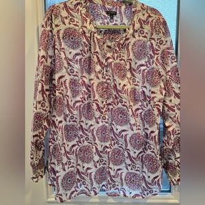 Talbots Women's Plus 2x Chrysanthemum Trellis Ruffle Trim Popover blouse Cotton